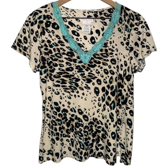 Tops - Leopard Print V-Neck Top with Turquoise Lace Accents‎ Cotton & Modal